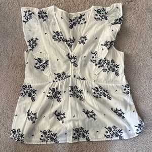 LOFT White Top with Navy Floral Embroidery and Ruffle Sleeves